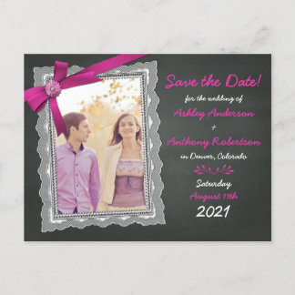 Chalkboard Magenta Bow Photo Bröllop spara datum Meddelande Vykort