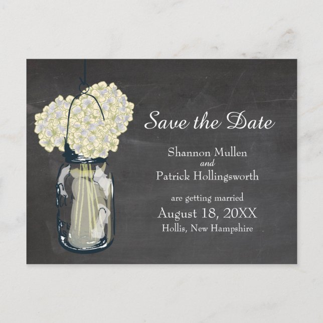 Chalkboard Mason Burk och Hydrangeas Spara datumet Meddelande Vykort (Framsida)