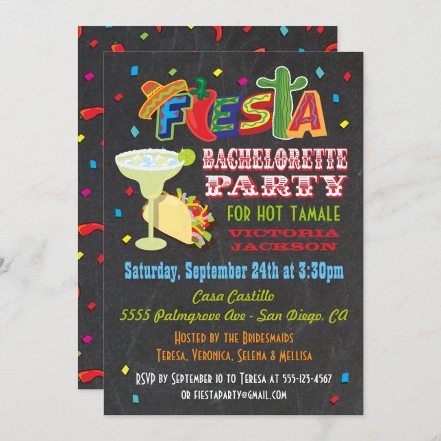 Chalkboard Mexican Fiesta Bachelorette Party Inbjudningar (Fram/baksida)
