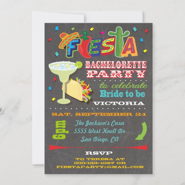 Chalkboard Mexican Fiesta Bachelorette Party Inbjudningar (Framsida)