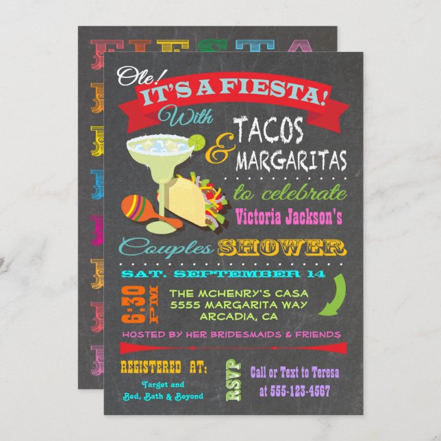 Chalkboard Mexican Fiesta Par Shower Inbjudningar (Fram/baksida)