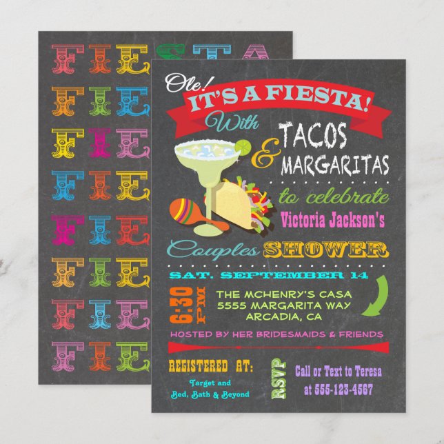 Chalkboard Mexican Fiesta Par Shower Inbjudningar (Fram/baksida)