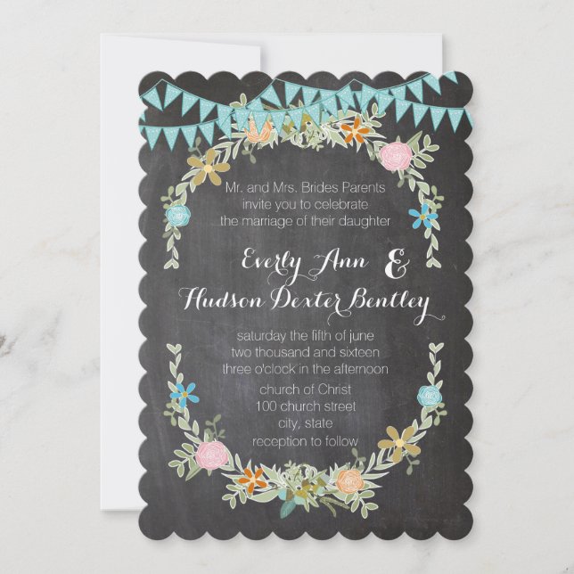 Chalkboard Mint Bunting Pennant Garland Bröllop Inbjudningar (Framsida)