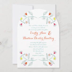 Chalkboard Mint Orange Red Blommigt Garland Bröllo Inbjudningar