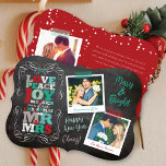 Chalkboard Mistletoe Vintage Första julfoto Julkort<br><div class="desc">Vintage Black Chalkboard Mistletoes, Kärlek Peace Joy Kisses vår första jul som Mr. och Mrs., Red and Grönt, djärv och färgfull Modern Block Brev Typography, 2 Multi Photo Collage Helgdag annnouncement Card. Baksidan innehåller ett fullt-snowdots mönster, ett ögonblicksbildobjekt och ett anpassningsbara helgdag-meddelande. Basbakgrunden kan ändras till valfri färg. All/Mest text...</div>
