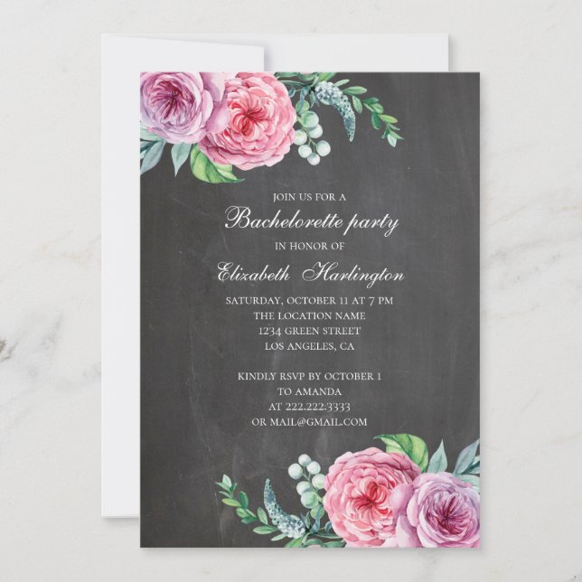 Chalkboard modern rosa blommigt bachelorette Party Inbjudningar (Framsida)