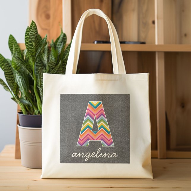 Chalkboard Monogram Brev A med Bright Chevrons Tygkasse (Custom Canvas Tote Bag)