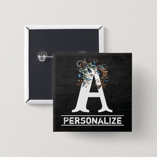 Chalkboard Monogram Brev med blå Blommigt Knapp (Framsida & baksida)