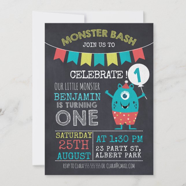 Chalkboard Monster 1 sr Birthday-inbjudan Inbjudningar (Framsida)