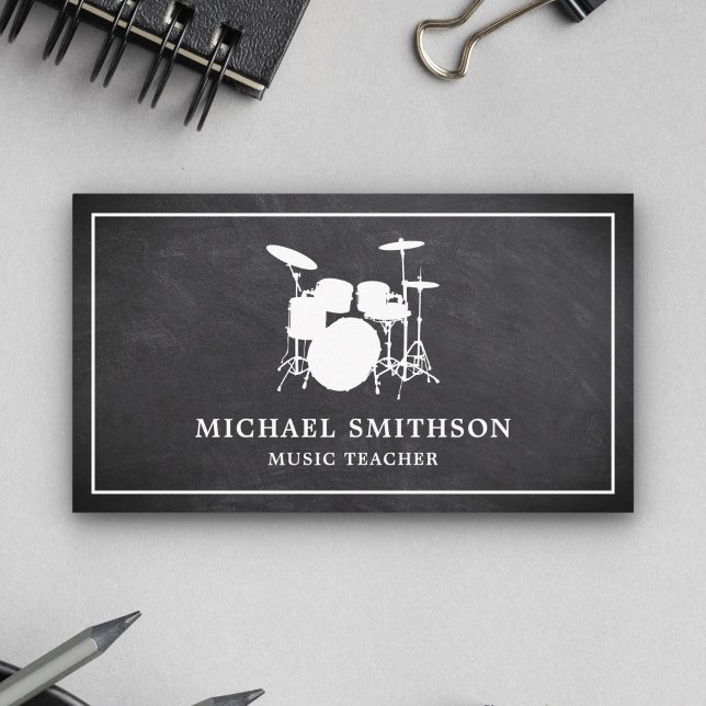 Chalkboard Music Teacher White Drum Kit Drummer Visitkort (Skapare uppladdad)