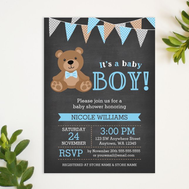 Chalkboard Nalle Boy Baby Shower Inbjudningar (Skapare uppladdad)
