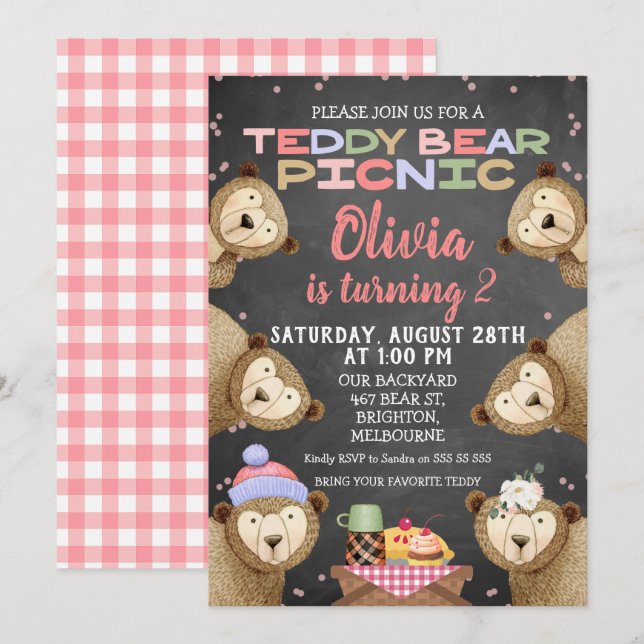 Chalkboard Nalle Picnic Birthday-inbjudan Inbjudningar (Fram/baksida)