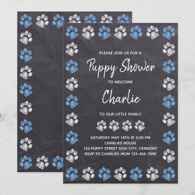 Chalkboard New Pet Hund Puppy Shower Inbjudningar (Fram/baksida)