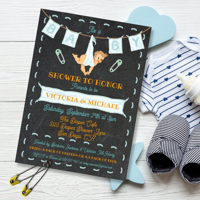 Chalkboard Par Diaper Baby Shower Clothesline Inbjudningar (Skapare uppladdad)