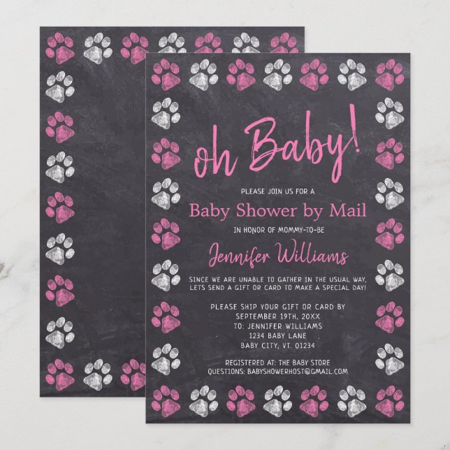 Chalkboard Paw Print Rosa Girl Baby Shower by Mail Inbjudningar (Fram/baksida)