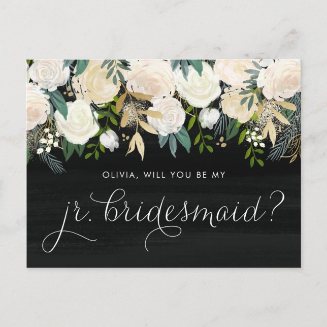 Chalkboard Peonies blir min Jr Bridesmaid. Inbjudan Vykort (Framsida)