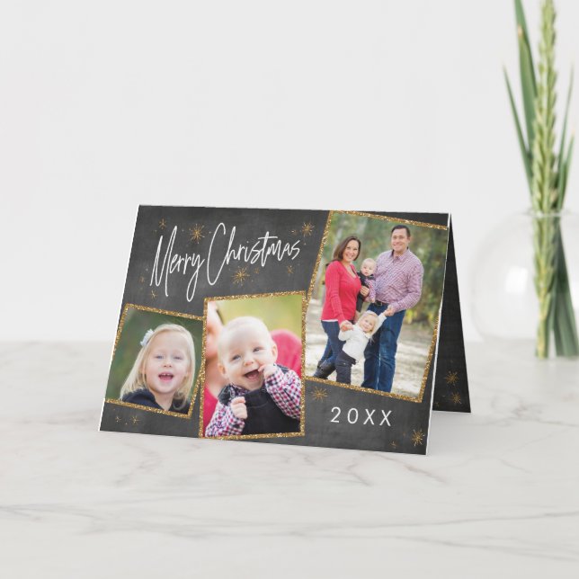 Chalkboard Photo Collage Faux Guld Glitter Helgkort (Framsida)