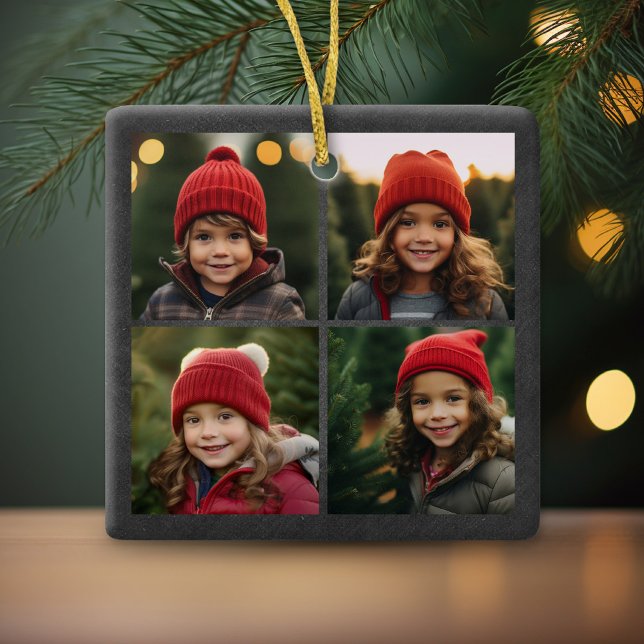 Chalkboard Photo Collage God jul Holly Julgransprydnad Keramik (Personalized 4 Photo Christmas Ornament)