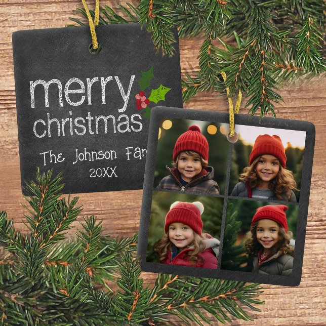 Chalkboard Photo Collage God jul Holly Julgransprydnad Keramik (4 Photo ornament with a Christmas greeting on the back)