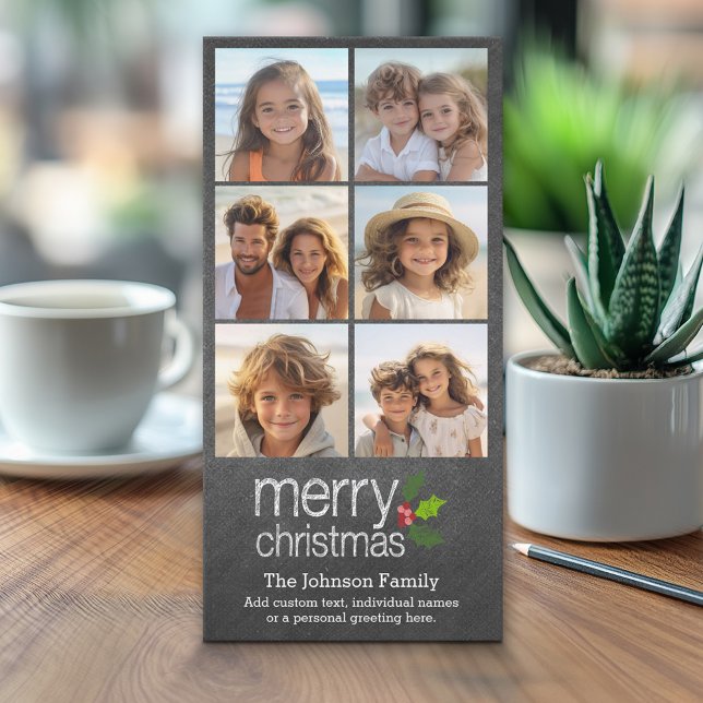 Chalkboard Photo Collage God jul Holly Julkort (Classic Christmas Photo Card)
