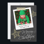 Chalkboard Photo Ram och Bandjul Julkort<br><div class="desc">Underbart hälsning-kort för jul med God jul-textdetaljer ... Chalkboard och Photo Ram med stripe-tejp och guld stjärnor svart och vit design ... X-Mas/platta helgdag som du kan anpassa med ditt eget foto och din egen text ... från Ricaso annan färg som finns i butiken ÄNDRA PROVFOTOT TILL EN AV dina...</div>