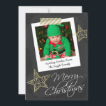Chalkboard Photo Ram och Bandjul Julkort<br><div class="desc">Underbart hälsning-kort för jul med God jul-textdetaljer ... Chalkboard och Photo Ram med stripe-tejp och guld stjärnor svart och vit design ... X-Mas/platta helgdag som du kan anpassa med ditt eget foto och din egen text ... från Ricaso annan färg som finns i butiken ÄNDRA PROVFOTOT TILL EN AV dina...</div>