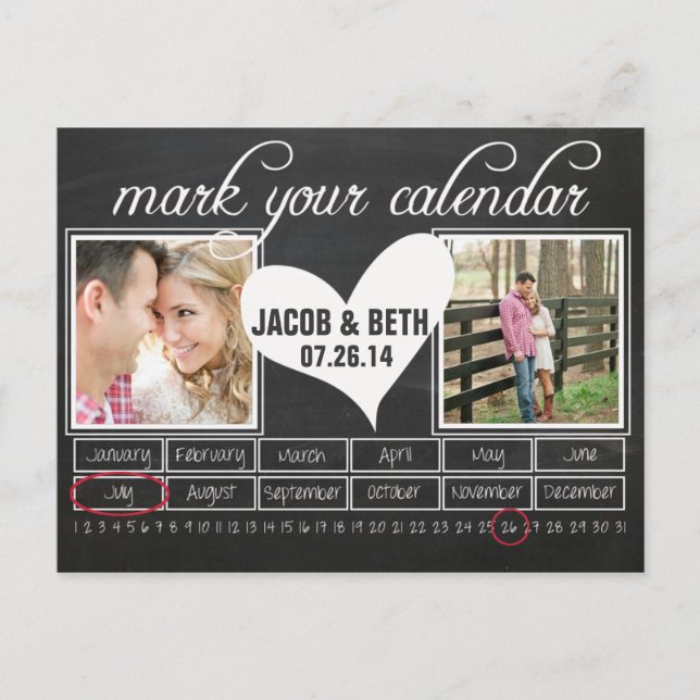 Chalkboard Photo Save Date Calendar Postcard Meddelande Vykort (Framsida)