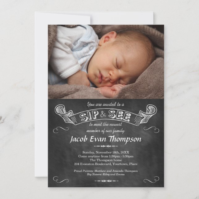 Chalkboard Photo Sip och See Party Inbjudningar (Framsida)