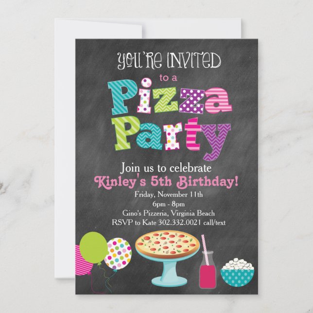 Chalkboard Pizza Party bjudan (Flickor) Inbjudningar (Framsida)