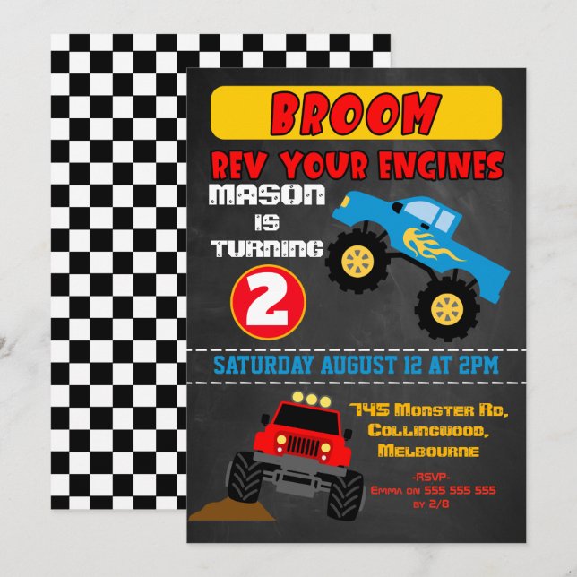 Chalkboard-pojkar monster lastbilar födelserbjudan inbjudningar (Fram/baksida)