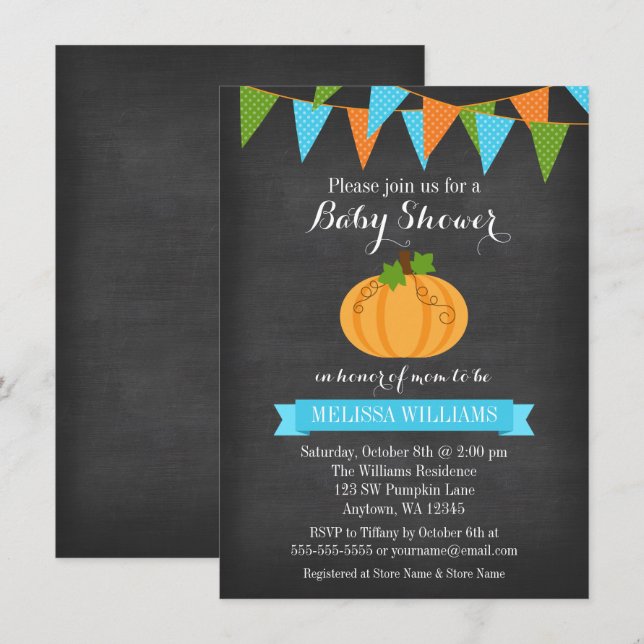 Chalkboard Pumpkin Bunting Boy Fall Baby Shower Inbjudningar (Fram/baksida)