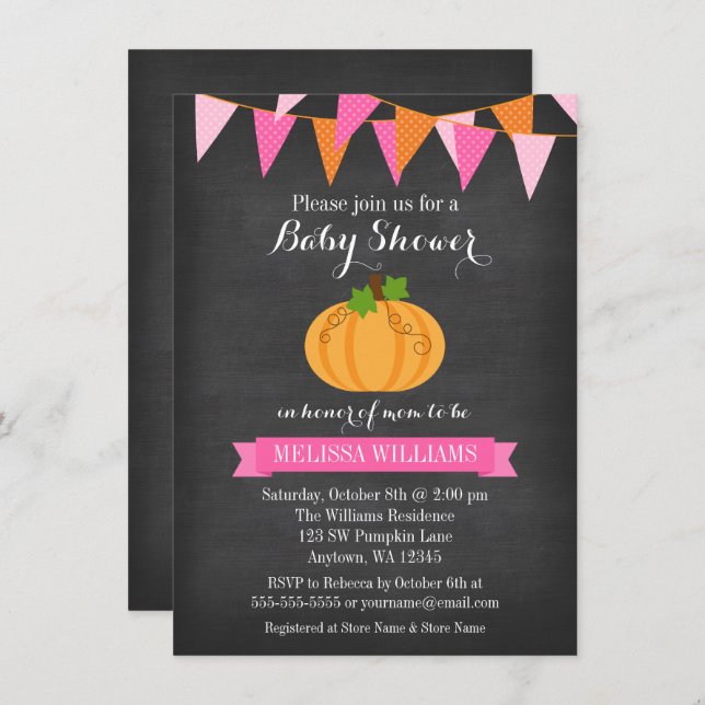 Chalkboard Pumpkin Bunting Girl Fall Baby Shower Inbjudningar (Fram/baksida)