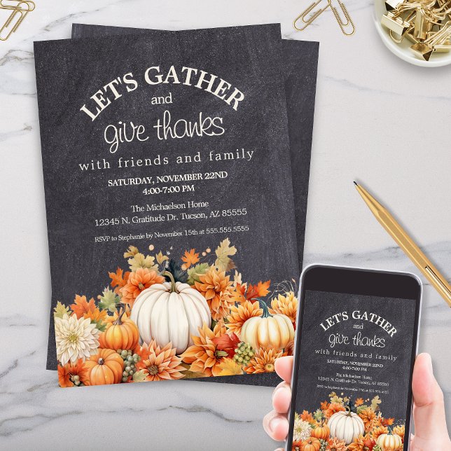 Chalkboard Pumpkin Thanksgiving Potluck Party Inbjudningar (thanksgiving invitation templates for fall autumn leaves pumpkins lets gather and give thanks)