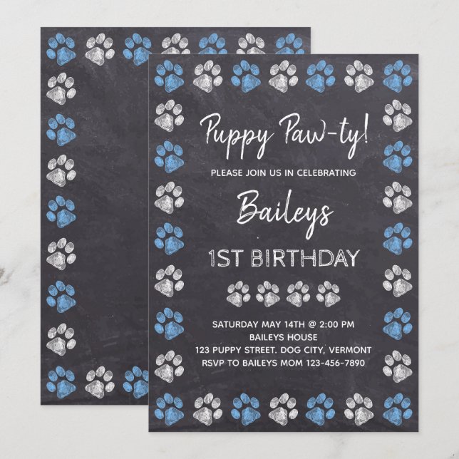 Chalkboard Puppy Pawty Blue Hund Birthday Inbjudningar (Fram/baksida)