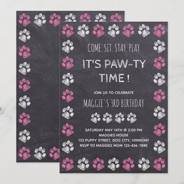 Chalkboard Puppy Pawty Rosa Hund Birthday Inbjudningar (Fram/baksida)