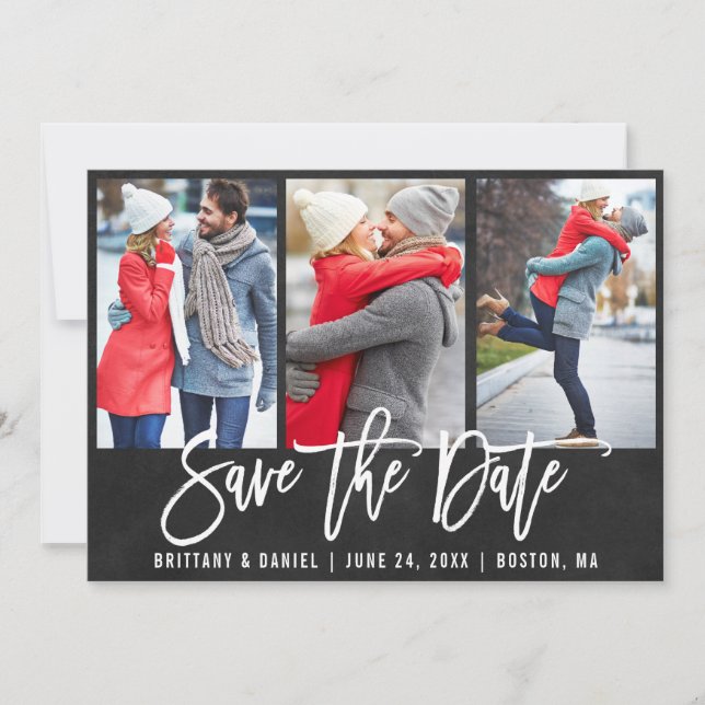 Chalkboard Push Script 3 Photo Save Date Card Inbjudningar (Framsida)