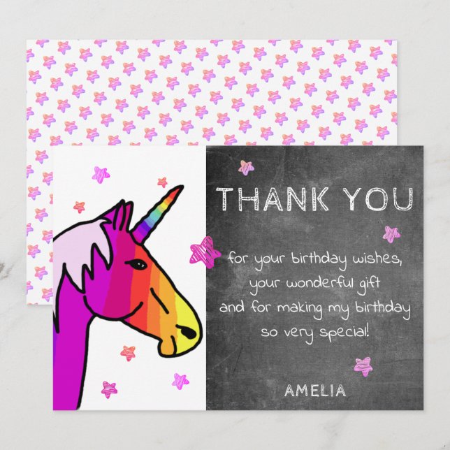 Chalkboard Rainbow Unicorn-tackkort Inbjudningar (Fram/baksida)