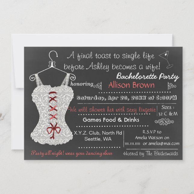 Chalkboard red Snöre Lingerie Shower Bachelorette Inbjudningar (Framsida)