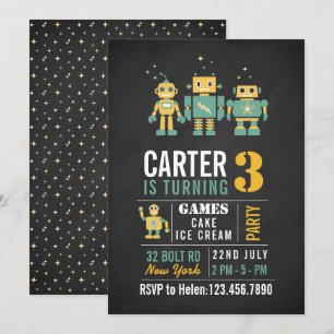 Chalkboard Robots Födelsedagsfest inbjudan
