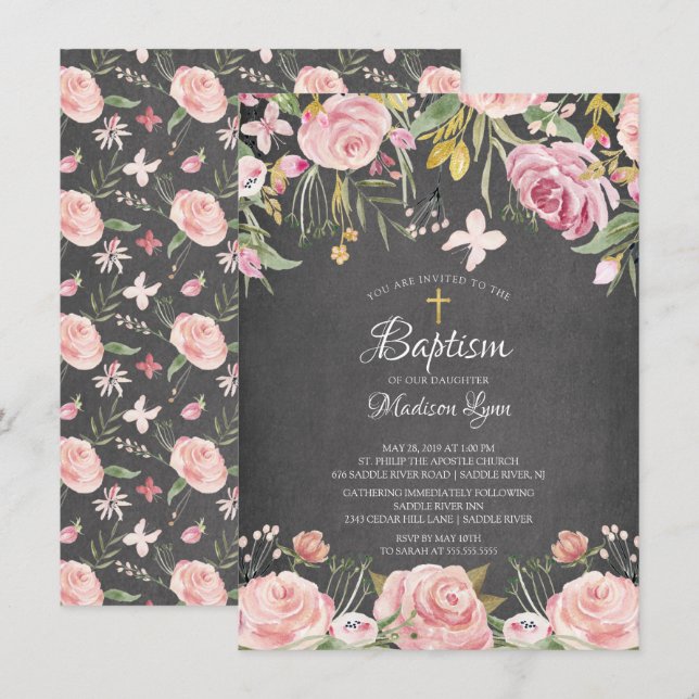 Chalkboard  Rosa Blommigt Baptism Inbjudningar (Fram/baksida)