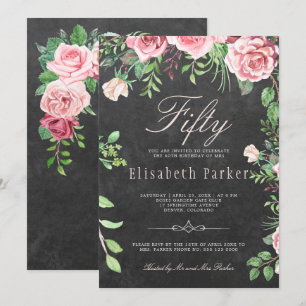 Chalkboard Rosa Blommigt Garden 50:e Födelsedagsfe Inbjudningar