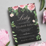 Chalkboard Rosa Blommigt Garden 60:e Födelsedagsfe Inbjudningar<br><div class="desc">Rustik elegant 60 födelsedagsfesters feminininbjudan med  rosa och rödburgudyhandmålat peony ro med grönt löv och löv och med trendig chic-handskrivet redigerbart kalligrafi-skript över en mörk-kolkritbakgrund.           Lämpligt för vår,  sommarträdgård eller höstfall/bakgård/blommigt utomhus/vintagens milstolpe födelsedag/årsdag/firande party</div>