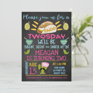 Chalkboard Rosa Blue Girls Taco Twosday Birthday Inbjudningar
