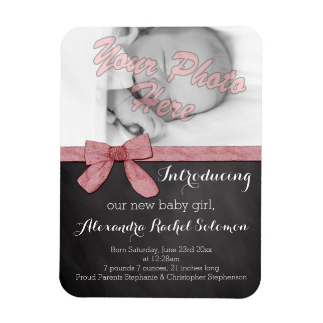 Chalkboard Rosa Bow Girl Baby Birth Notice Magnet (Vertikal)