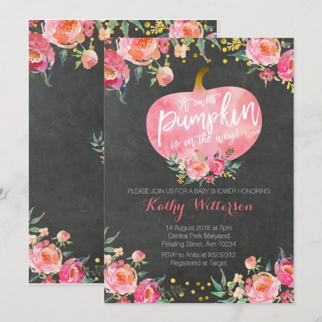 Chalkboard Rosa Fall Pumpkin-inbjudan Inbjudningar (Fram/baksida)