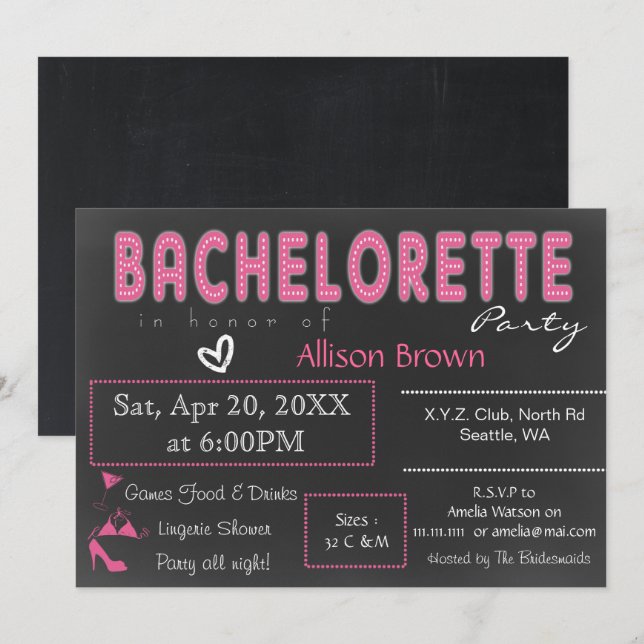 Chalkboard rosa Lingerie Shower Bachelorette Inbjudningar (Fram/baksida)