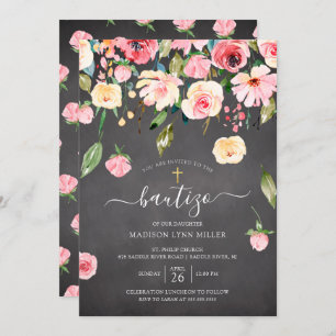 Chalkboard Rosa Peonies Blommigt Spansk baptism Inbjudningar