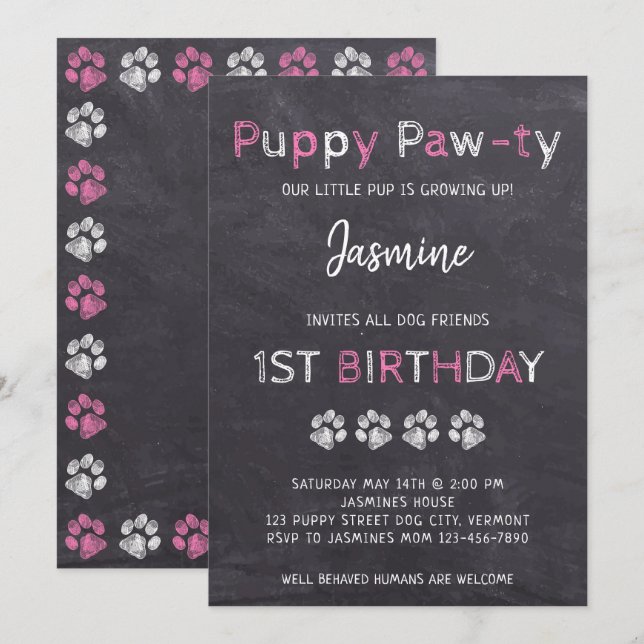 Chalkboard Rosa Puppy Pawty Hund Birthday Inbjudningar (Fram/baksida)