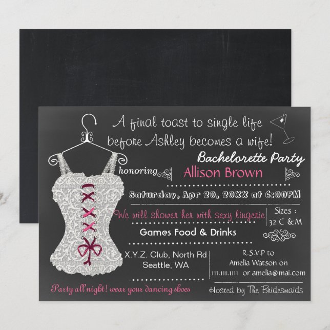 Chalkboard rosa Snöre Lingerie Shower Bachelorette Inbjudningar (Fram/baksida)
