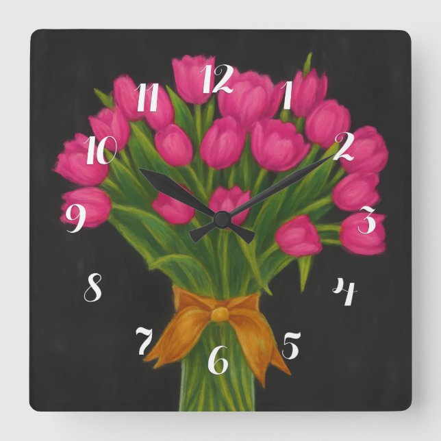 Chalkboard Rosa Tulips Fyrkantig Klocka (Framsida)